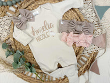 Load image into Gallery viewer, Personalized Baby Girl Outfit | Natural Oatmeal Romper Goose Pink Custom Baby Name