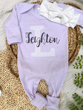 Load image into Gallery viewer, Personalized Baby Girl Outfit | Purple Romper White Lace Initial Purple Baby Name