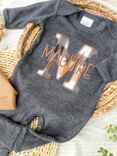 Load image into Gallery viewer, Personalized Baby Boy Name Outfit | Charcoal Gray Romper Tan Gray Plaid Initial