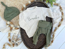 Load image into Gallery viewer, Personalized Baby Name Sweatshirt Set | Oatmeal Pullover Sage Green Pants