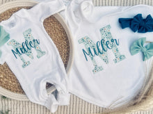 Load image into Gallery viewer, Personalized Girl Baby Outfit | White Romper Soft Green Initial Baby Name