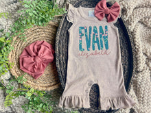 Load image into Gallery viewer, Personalized Baby Girl Outfit | Mocha Flutter Sleeve Ruffle Romper Floral Blue Baby Name