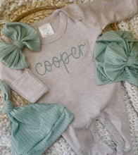 Load image into Gallery viewer, Personalized Newborn Baby Boy Outfit | Mocha Romper Dark Sage Green Chunky Chain