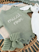 Load image into Gallery viewer, Personalized Baby Boy Outfit | Sweater Bubble Romper Beige Sage Navy Blue Baby Name
