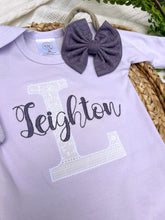 Load image into Gallery viewer, Personalized Baby Girl Outfit | Purple Romper White Lace Initial Purple Baby Name