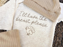 Load image into Gallery viewer, Thanksgiving Baby Outfit | Oatmeal Baby Romper - I'll Have The Breast Please Turkey