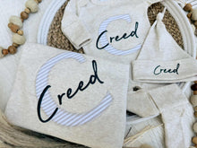 Load image into Gallery viewer, Personalized Baby Boy Outfit | Oatmeal, Sage, Mocha Romper Beige Stripe Initial Baby Name