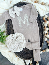Load image into Gallery viewer, Personalized Baby Girl Outfit | Mocha Brown Romper Ivory Floral Baby Name