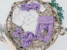 Load image into Gallery viewer, Baby Girl Outfit | Oatmeal Bodysuit Jesus Love Me - Purple