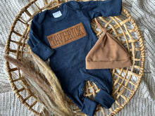 Load image into Gallery viewer, Personalized Baby Boy Outfit | Navy Romper - Leather Patch Style Baby Name