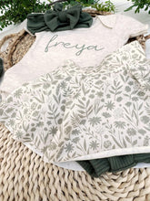 Load image into Gallery viewer, Personalized Baby Girl Outfit | Oatmeal Bodysuit Soft Green Floral Skirt Baby Name