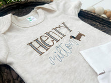 Load image into Gallery viewer, Personalized Baby Boy Outfit | Oatmeal Beige Bodysuit Dog Blue Custom Name