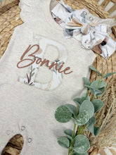 Load image into Gallery viewer, Personalized Baby Girl Outfit | Oatmeal Flutter Sleeve Ruffle Romper Floral White Baby Name