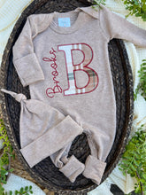 Load image into Gallery viewer, Personalized Baby Boy Name Outfit | Mocha Brown Romper Red Plaid Initial