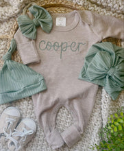 Load image into Gallery viewer, Personalized Newborn Baby Boy Outfit | Mocha Romper Dark Sage Green Chunky Chain