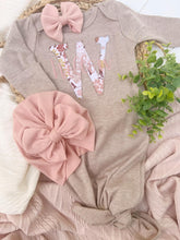 Load image into Gallery viewer, Personalized Baby Girl Outfit | Mocha Brown Knotted Gown Floral Pink Gold