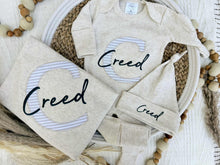 Load image into Gallery viewer, Personalized Baby Boy Outfit | Oatmeal, Sage, Mocha Romper Beige Stripe Initial Baby Name