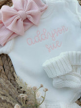Load image into Gallery viewer, Personalized Baby Girl Newborn Outfit | White Sweater Romper Custom Color Baby Name