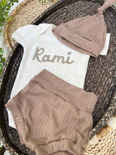 Load image into Gallery viewer, Personalized Baby Boy Outfit | Oatmeal Bodysuit Chocolate Brown Baby Name