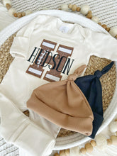 Load image into Gallery viewer, Personalized Baby Boy Name Outfit | 100% Cotton Oatmeal Beige Romper Football Brown Big Initial