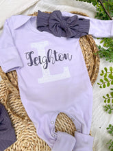 Load image into Gallery viewer, Personalized Baby Girl Outfit | Purple Romper White Lace Initial Purple Baby Name