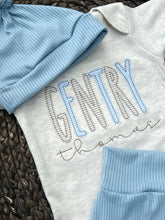 Load image into Gallery viewer, Personalized Baby Boy Outfit | Oatmeal Beige Bodysuit Soft Blue Tan Custom Baby Name