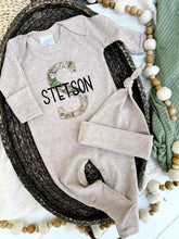 Load image into Gallery viewer, Personalized Baby Boy Name Outfit | Mocha Brown Romper Camo Initial