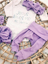 Load image into Gallery viewer, Baby Girl Outfit | Oatmeal Bodysuit Jesus Love Me - Purple