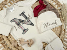 Load image into Gallery viewer, Personalized Baby Boy Newborn Outfit | Natural Oatmeal Romper Plaid Baby Name
