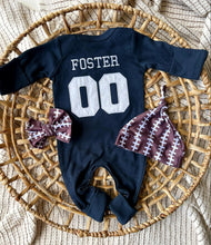 Load image into Gallery viewer, Personalized Baby Girl Outfit | Navy Romper - Jersey Style Football Baseball Baby Name