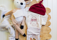 Load image into Gallery viewer, Personalized Baby Outfit | Oatmeal Bodysuit Cute Reindeer Skirt Red Baby Name - Christmas