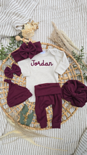 Load image into Gallery viewer, Personalized Baby Girl Outfit | Oatmeal Beige Bodysuit Burgundy Red Baby Name