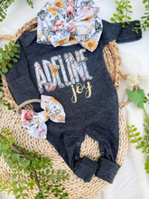 Load image into Gallery viewer, Personalized Baby Girl Outfit | Charcoal Gray Romper Floral Yellow Pink Baby Name