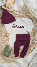 Load image into Gallery viewer, Personalized Baby Boy Outfit | Oatmeal Beige Bodysuit Burgundy Red Custom Baby Name