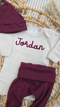 Load image into Gallery viewer, Personalized Baby Boy Outfit | Oatmeal Beige Bodysuit Burgundy Red Custom Baby Name