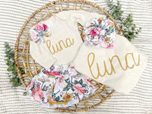 Load image into Gallery viewer, Personalized Baby Girl Outfit | Oatmeal Beige Bodysuit Chunky Yellow Baby Name