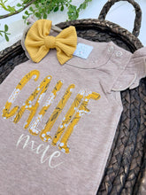 Load image into Gallery viewer, Personalized Baby Girl Outfit | Mocha Brown Flutter Sleeve Ruffle Romper Floral Blue Baby Name