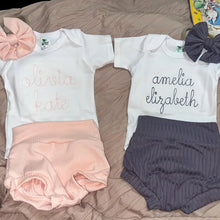 Load image into Gallery viewer, Personalized Baby Girl Outfit | White Bodysuit Soft Muted Pink Baby Name- Collins