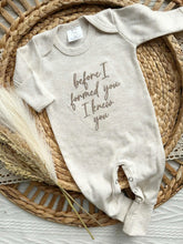 Load image into Gallery viewer, Newborn Baby Outfit | Before I Formed You Oatmeal Knotted Gown - script