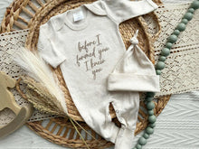 Load image into Gallery viewer, Newborn Baby Outfit | Before I Formed You Oatmeal Knotted Gown - script