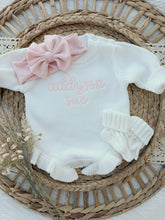 Load image into Gallery viewer, Personalized Baby Girl Newborn Outfit | White Sweater Romper Custom Color Baby Name