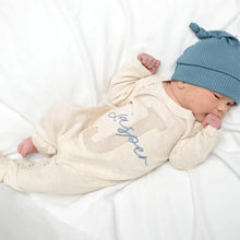 Load image into Gallery viewer, Personalized Baby Boy Outfit | Oatmeal Romper Light Blue Stripe Initial And Baby Name