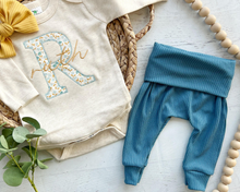 Load image into Gallery viewer, Personalized Baby Girl Outfit | Blue White Floral Initial Golden Yellow Baby Name