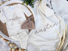 Load image into Gallery viewer, Personalized Baby Boy Outfit | Oatmeal Romper Light Blue Stripe Initial And Baby Name