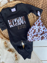 Load image into Gallery viewer, Personalized Baby Boy Outfit | Black Romper Cow Print Baby Name