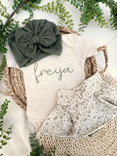 Load image into Gallery viewer, Personalized Baby Girl Outfit | Oatmeal Bodysuit Soft Green Floral Skirt Baby Name