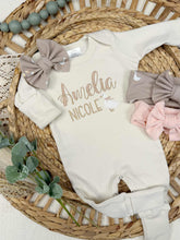 Load image into Gallery viewer, Personalized Baby Girl Outfit | Natural Oatmeal Romper Goose Pink Custom Baby Name