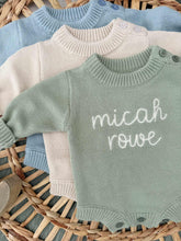 Load image into Gallery viewer, Personalized Baby Boy Outfit | Sweater Bubble Romper Beige Sage Navy Blue Baby Name