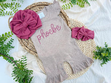 Load image into Gallery viewer, Personalized Baby Girl Outfit | Mocha Flutter Romper Deep Pink Baby Name