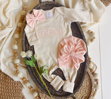 Load image into Gallery viewer, Personalized Baby Girl Outfit | Oatmeal Beige Romper Light Pink Chunky Chain Stitch